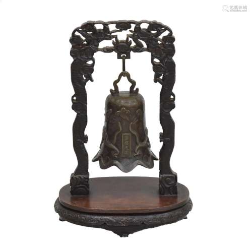 CHINESE BRONZE BELL WITH WOODEN FRAME