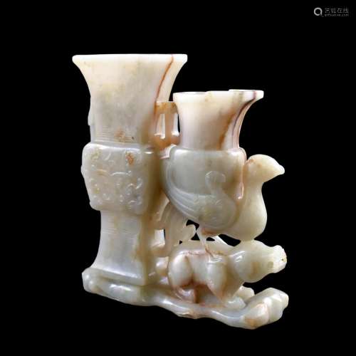 CARVED JADE OF DOUBLE VASE UPON PHOENIX AND DOG