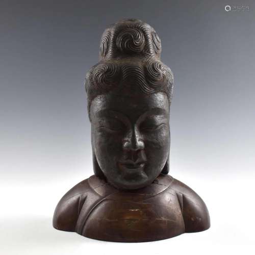 CHINESE CARVED GUANYIN WOODEN BUST