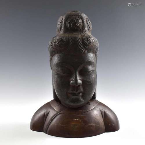 CHINESE CARVED GUANYIN WOODEN BUST