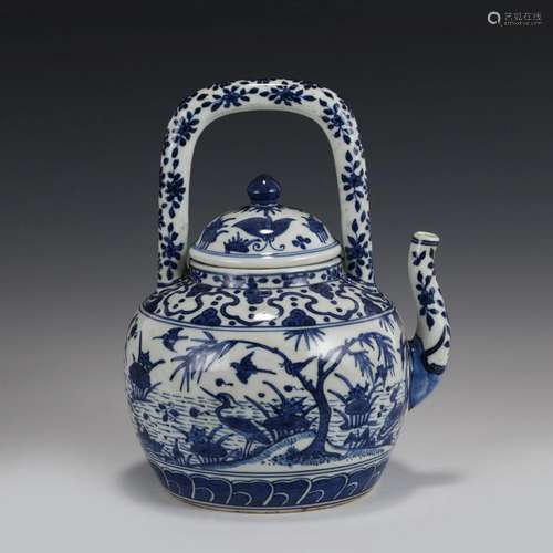 WANLI BLUE & WHITE BIRD & FLOWER TEAPOT