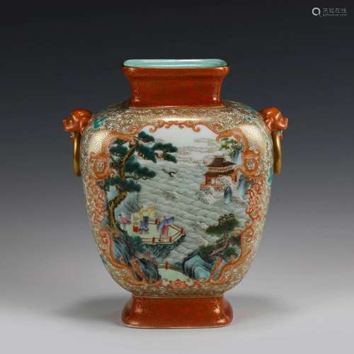 QING OPEN FACE AMPHORA FAMILLE ROSE VASE