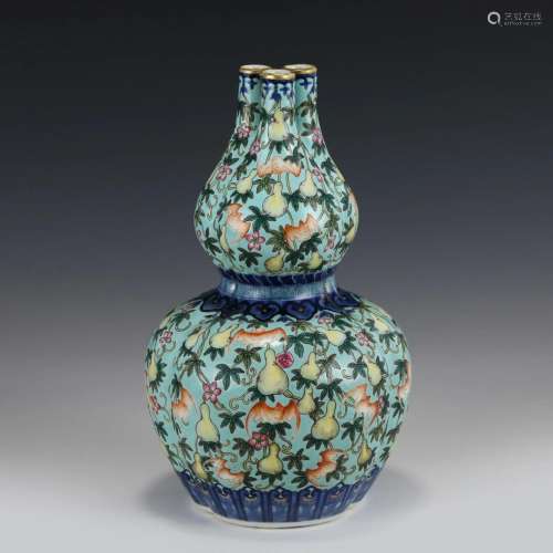 CHINESE TRIPLE MOUTH FAMILLE ROSE DOUBLE GOURD VASE