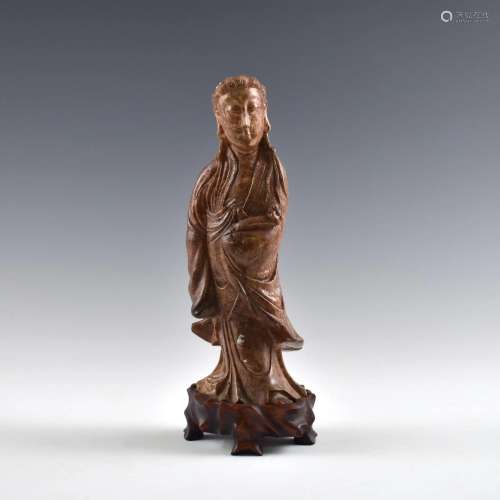 CHINESE BROWN JADE CARVED GUANYIN STATUE