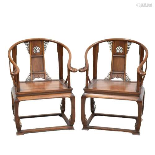 PAIR ANTIQUE CHINESE HUANGHUALI HORSESHOE ARMCHAIRS
