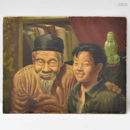 19TH CENTURY CHINESE OIL PAINTING OF GRANDFATHER AND