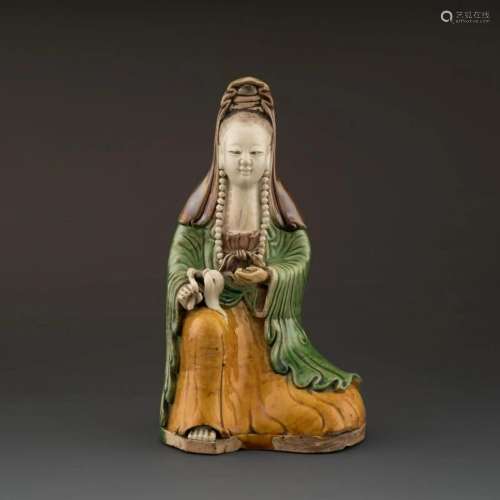 QING CHINESE POLYCHROMED FIGURE OF GUANYIN