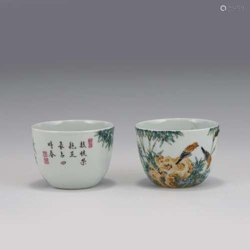 PAIR FAMILLE ROSE BIRDS PORCELAIN CUPS