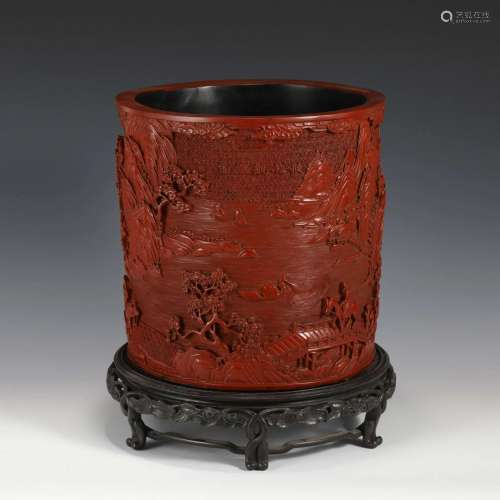 LARGE QIANLONG CINNABAR CARVED BRUSH POT ON STAND