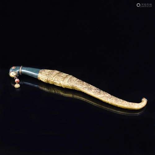 18TH C CHINESE GILT BRONZE & GREEN JADE KNIFE