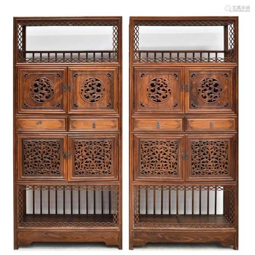 PAIR ANTIQUE HUANGHUALI OPEN SHELF 4 DOORS CABINETS