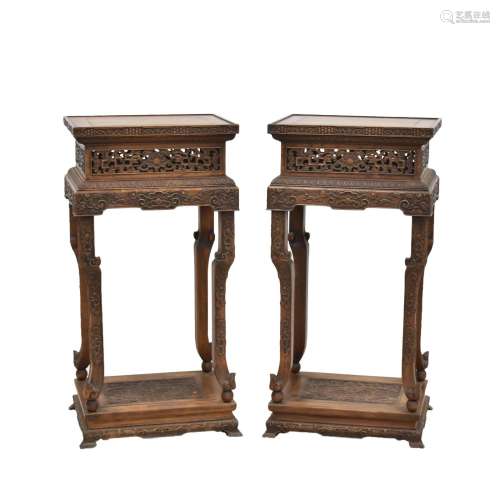 PAIR ANTIQUE HUANGHUALI OPEN WORK CARVED PLANT STANDS