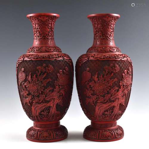 A PAIR OF CARVED CINNABAR VASES, YONGZHENG MARK