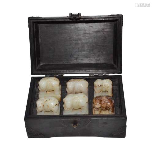 Qing, A Remarkable Set of Six Rectangular White Jade