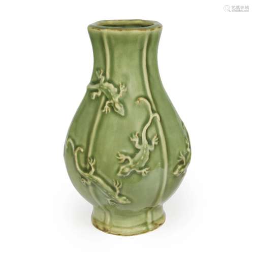 Yuan Dynasty, A Longquan Celadon Hexagonal Lizard Vase