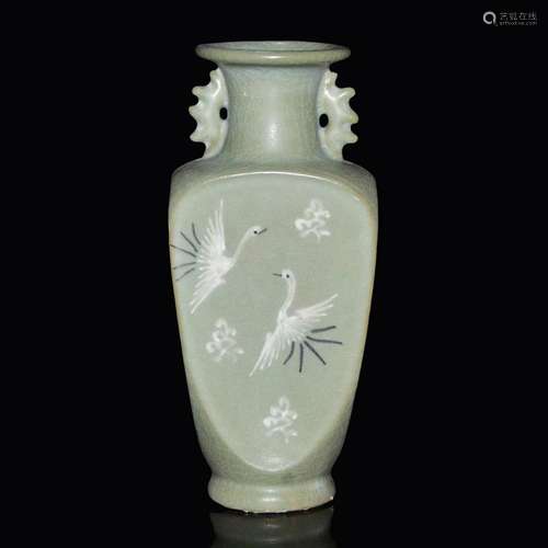 Korea, 19th C. Celadon- Glazed Crane and Cloud Flask