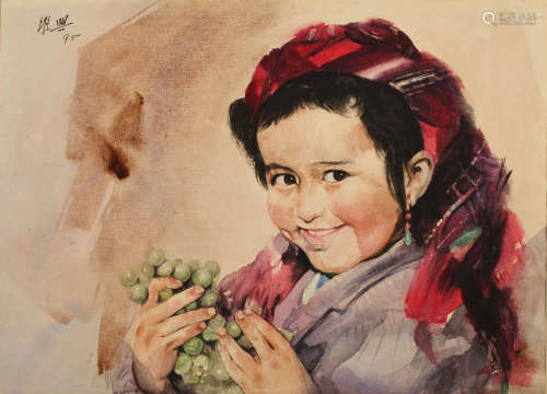 关维兴 吃葡萄的维族女孩 设色纸本 镜片