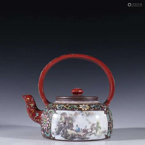 A Yixing Clay and Eamel 'Landscape' Teapot