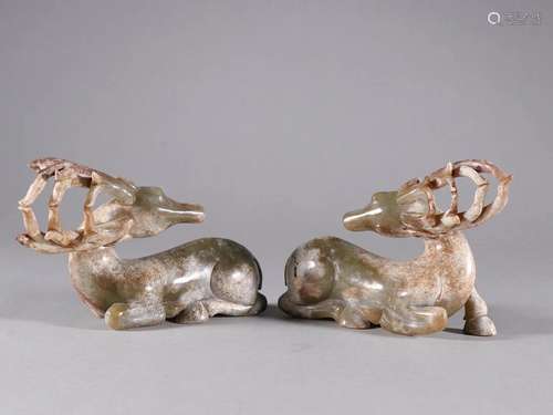 A Deicate Pair of Carved Jade Deers