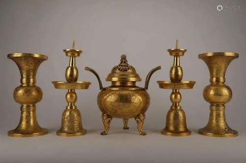 A Set of Gilt-bronze candlesticks and Censer