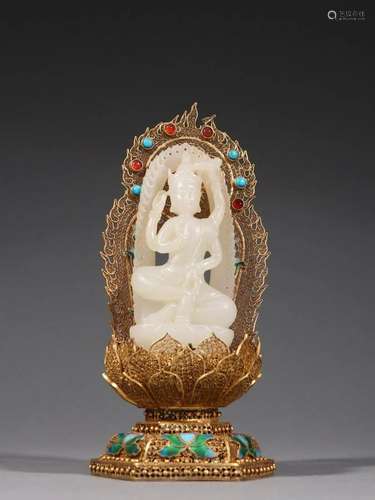 A Gilt-Silver Inlaid Jade Figure of Buddha