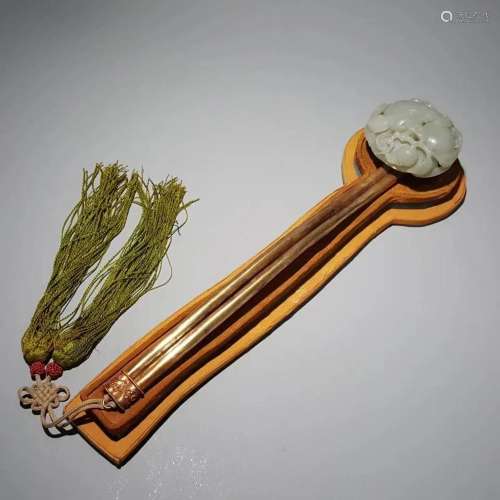 A Finely White Jade Ruyi Sceptre With Gilt-Silver