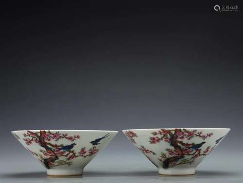 A Pair of Famille-rose Bowls With Poetry and Bird