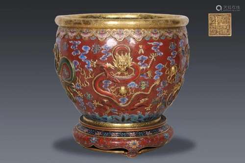 A Rare Cloisonne Enamel Tank With Dragon Pattern