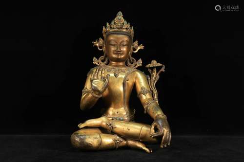 A Fine Gilt-bronze Inlaid Gems Figure of Guanyin