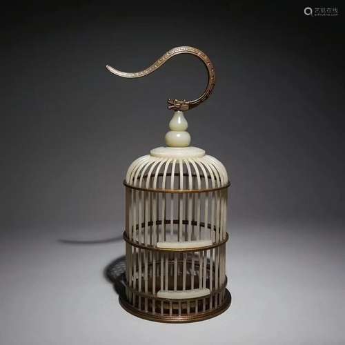 A Delicate Jade Inlaid Bronze Birdcage