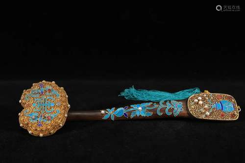 A Delicate Wooden Tire Inlaid Gems Ruyi Scepter