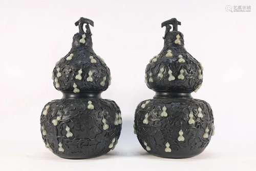 A Pair o Eaglewood Inlaid Jade 'Gourd' Vases