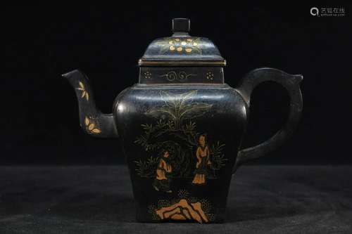 A Kangxi Black Lacquer and Gold Yixing Clay Teapot