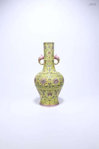 A Famille-Rose Yellow-Ground Vase