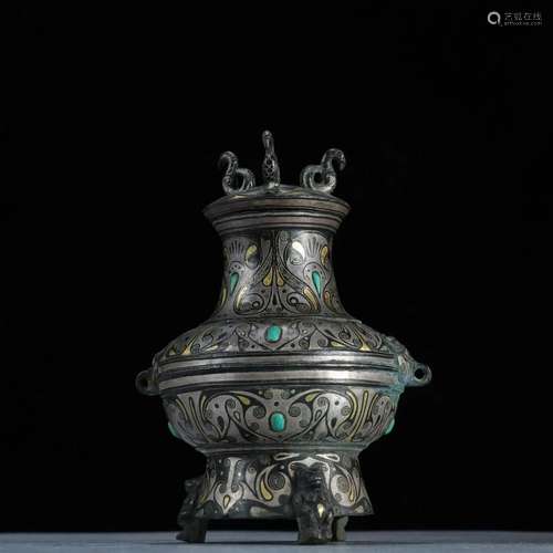 A Fine Bronze Inlaid Gold and Silver Vase With Cover