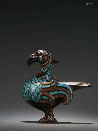 A Bronze Inlaid Silver and turquoise Bird