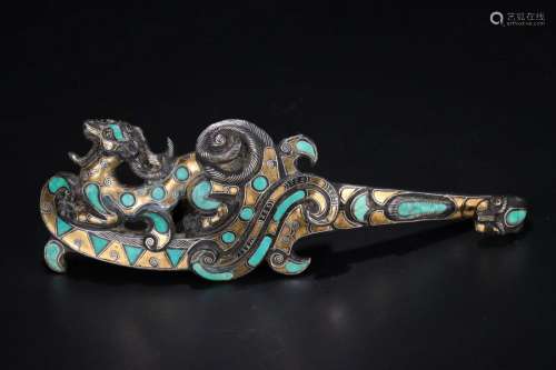 A Bronze Turquoise-Inlaid Belthook