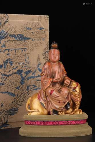 A Soapstone& Rose Quartz Figure Of Jingping Guanyin