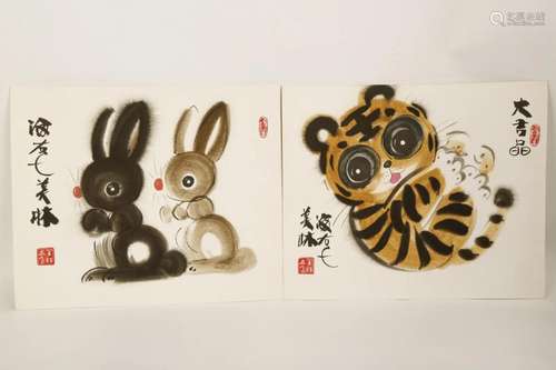 (2) SIGNED MEILIN HAN.A PAIR OF INK AND COLOR ON PAPER