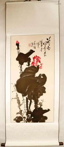 SIGNED SHI LU (1919â€“1982). A INK AND COLOR ON PAPER