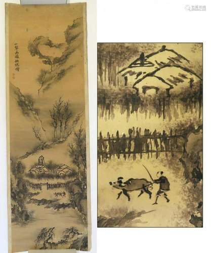 A INK AND COLOR ON PAPER HANGING SCROLL PAINTING. H197