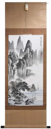 A INK AND COLOR ON PAPER HANGING SCROLL PAINTING. H209.