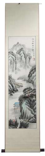 A INK AND COLOR ON PAPER HANGING SCROLL PAINTING. H213.