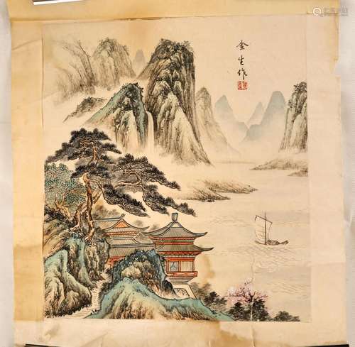 SIGNED HE JINSHENG.A INK AND COLOR ON PAPER HANGING