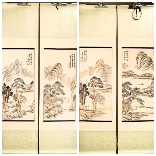 (4) A SET OF FOUR INK AND COLOR ON PAPER HANGING SCROLL