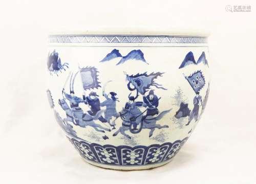 A QING DYNASTY BLUE AND WHITE ARMED HORSEBACK FIGURE