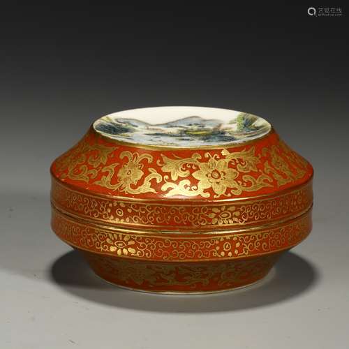 Qing Dynasty red glaze painted gold pastel landscape inkpad ...