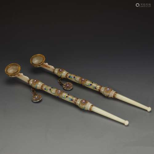 A pair of ancient filigree burning blue and white jade pipes