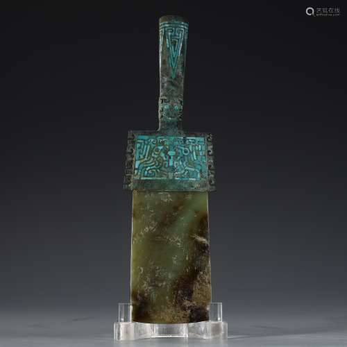 Ancient jade axe with bronze inlaid turquoise