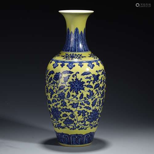 Qing Dynasty blue and white lotus vase with yellow backgroun...